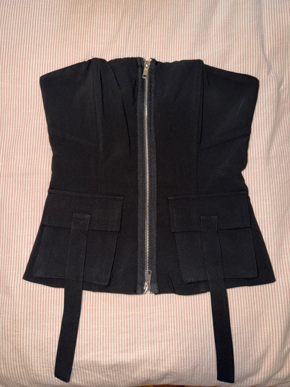 Black Strap Pocket Front Zip Corset Top